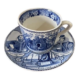 Vintage Adams Blue and White Jamestown Commemorative Cup and Saucer Set For Sale