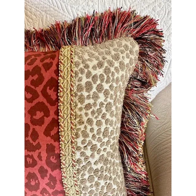 This decorative custom-made lumbar pillow is zippered and has a down filled pillow form. Made of 3 different fabrics, 1...