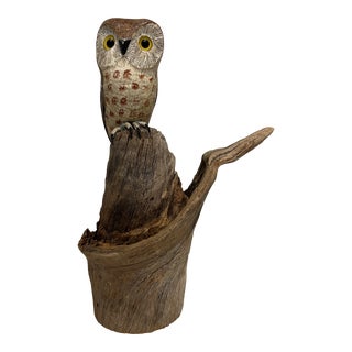 1974 Wood Carved and Painted Owl, Signed & Dated For Sale