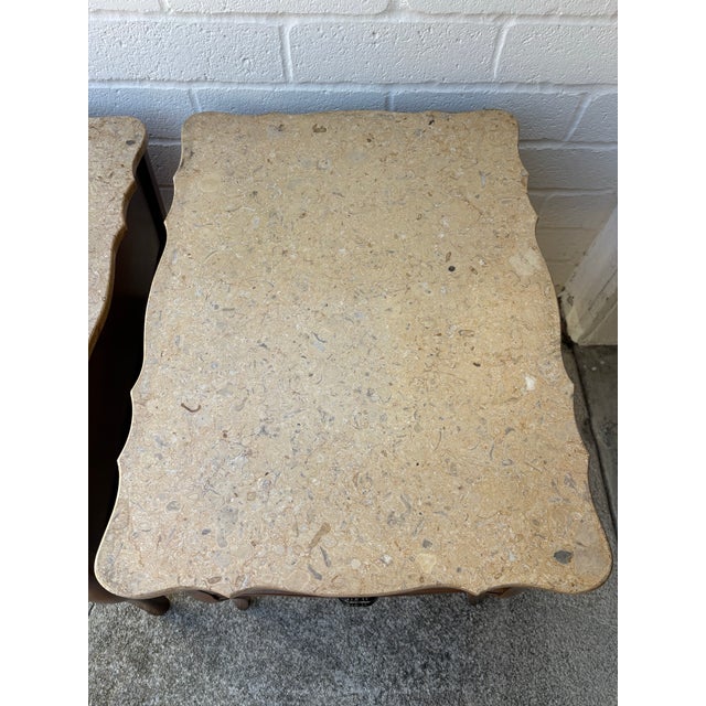 Wood Pair of Vintage French Provincial-Style Wood End Tables or Nightstands Featuring Scalloped Stone or Marble-Style Tops and Curved Cabriole Legs For Sale - Image 7 of 10