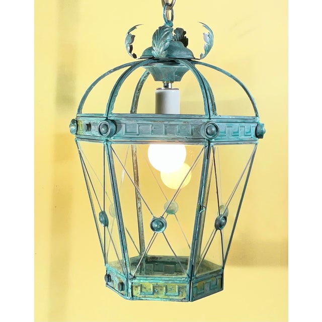 Verdigris Vintage Style Solid Brass Verdigris Hanging Lantern - Restored & Rewired For Sale - Image 8 of 14