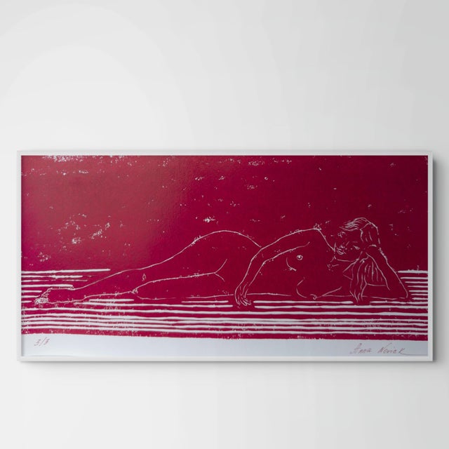 “Nude on the Sofa” is an original hand-pulled linocut, limited edition of 3, hand signed and numbered 3/3. Printed by...