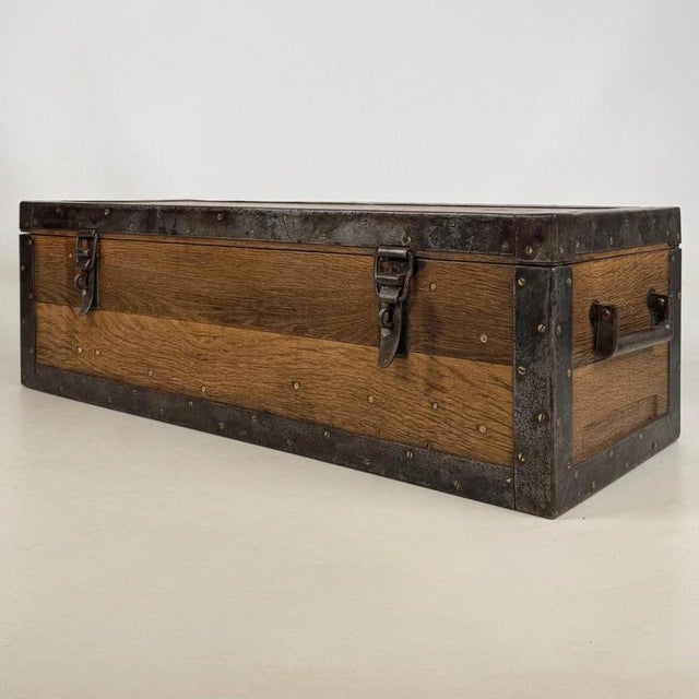 Antique Early 20th Century English Iron-Bound Oak Storage Chest For Sale - Image 3 of 12
