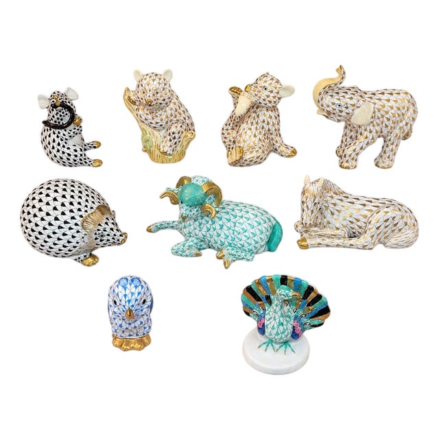 Late 20th Century Set of Nine Herend Fishnet Porcelain Animal Figurines For Sale
