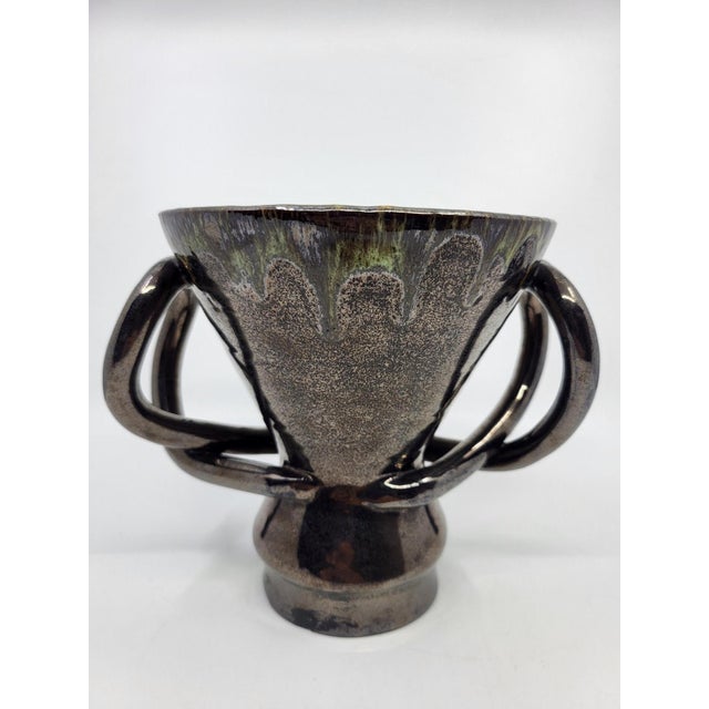 Mid-Century Modern Vintage Vase with Handles in Metallic Black Ceramic from Jean Austruy, France, 1950s For Sale - Image 3 of 12