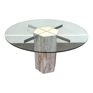 Italian Travertine Round Glass Top Hexagonal Base Dining Table, 1980s For Sale
