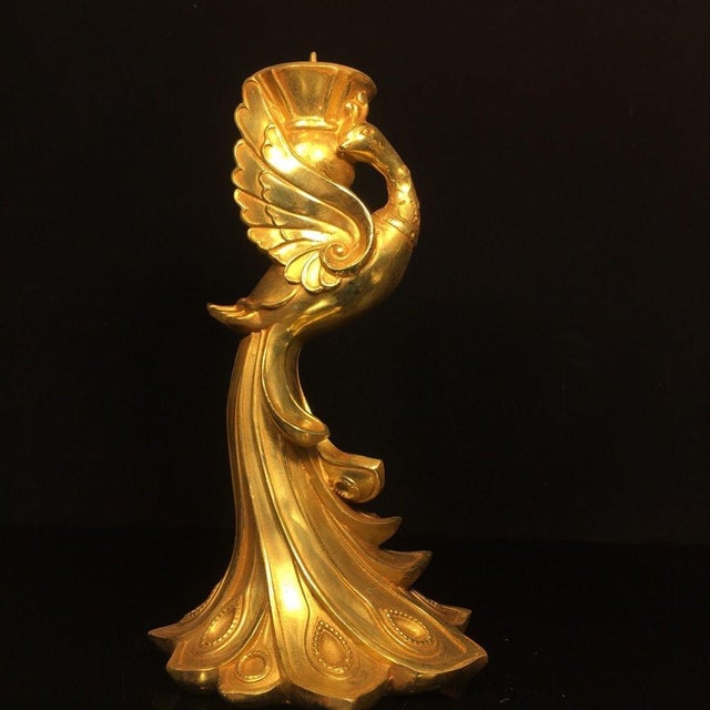 Pair of Antique Gilt Bronze Phoenix Candlesticks, 4.7kg For Sale In Los Angeles - Image 6 of 9