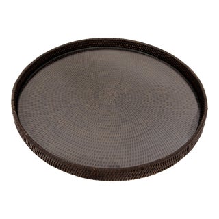 Artifacts Rattan Round Serving/Ottoman Tray with Glass Insert in Tudor Black -16" For Sale