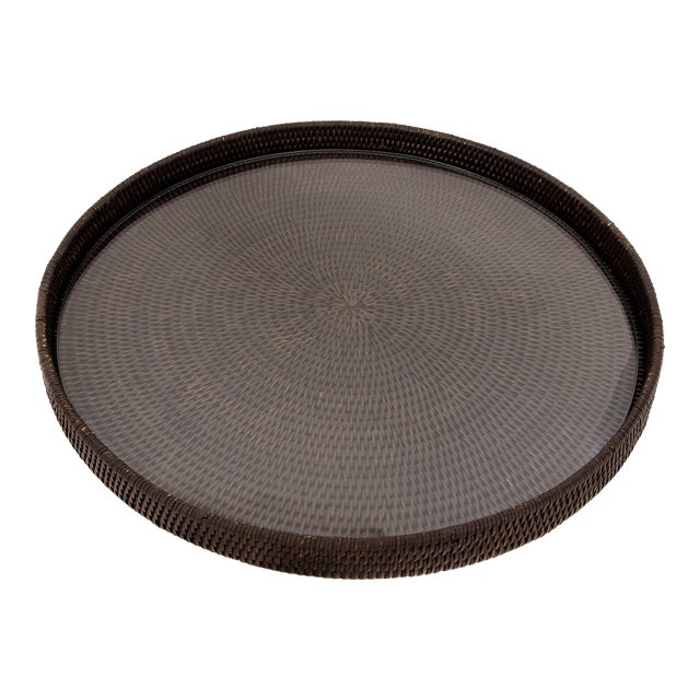 Artifacts Rattan Round Serving/Ottoman Tray with Glass Insert in Tudor Black -16" For Sale
