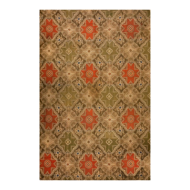 1850s Olive Red Star Medallion Antique American Ingrain Carpet 8' 2'' X 12' 9'' Wowen Wool Rug For Sale