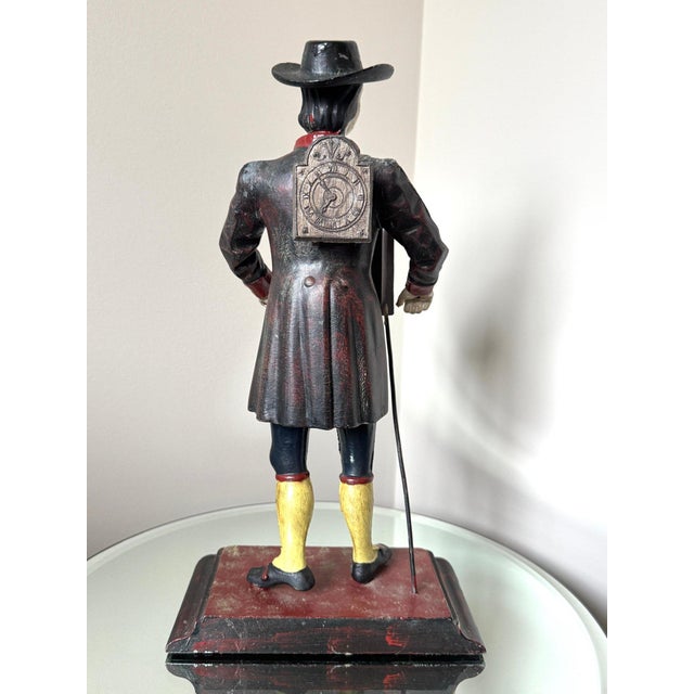 1940s Antique Style Painted Cast Iron Dutch Peddler Clock Figure Folk Art Uhrenträger Mantelpiece Decor For Sale - Image 5 of 8