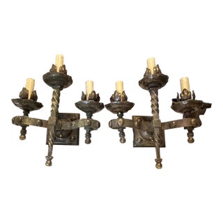 Antique French Heavy Bronze Gothic Sconces- A Pair For Sale