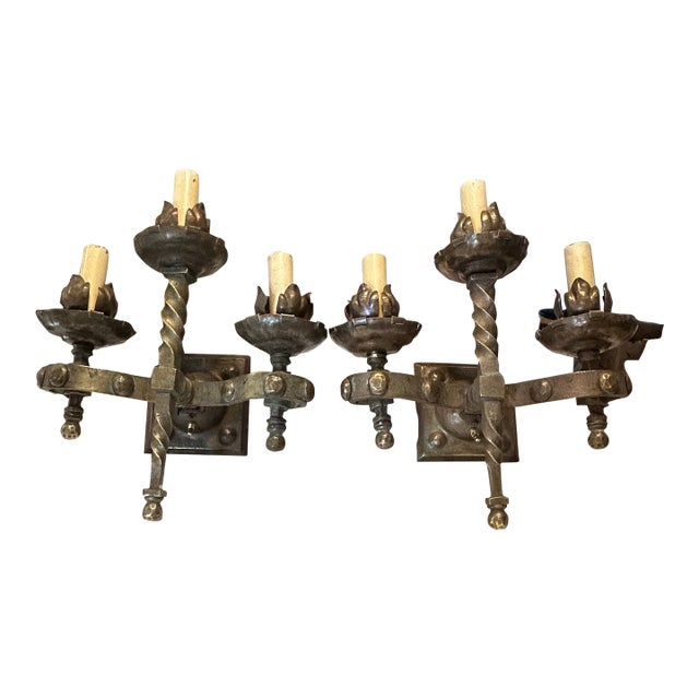 Antique French Heavy Bronze Gothic Sconces- A Pair For Sale