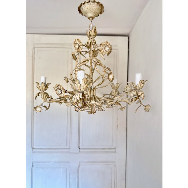 Vintage Italian Floral Tole 5-Light Chandelier in Cream Painted Metal, 1960s For Sale - Image 11 of 12