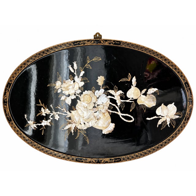 Late 20th Century Chinoiserie Black Lacquer & Mother-of-Pearl Relief Wall Panels — Set of 3 For Sale - Image 4 of 17