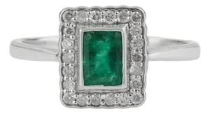 Octagon Cut Geometric Zambian Emerald Ring With Diamond Halo in Silver, Size 8