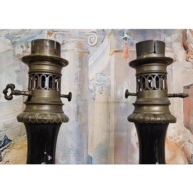 Napoleon III Lamps with Black Enameled Porcelain Stems, Set of 2 For Sale - Image 4 of 8