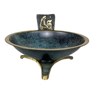 Mid-Century Brass & Green Enamel Israel Serving Footed Bowl