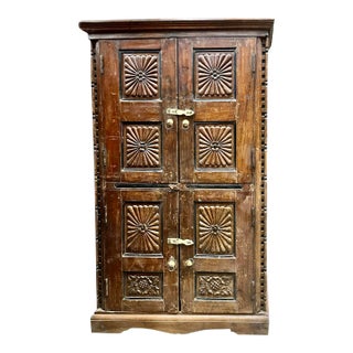 1920s Indian Carved Reclaimed Farmhouse Rustic Storage Cabinet For Sale