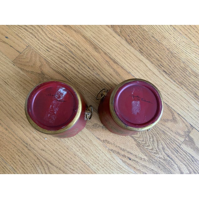 Pair of Early 20th Century French Napoleon III Style Red and Gold Toleware Cachepots For Sale - Image 10 of 12