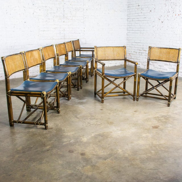 Late 20th Century Campaign Style Set of 8 Dining Chairs by McGuire Rattan Cane & Navy Leather For Sale - Image 18 of 18
