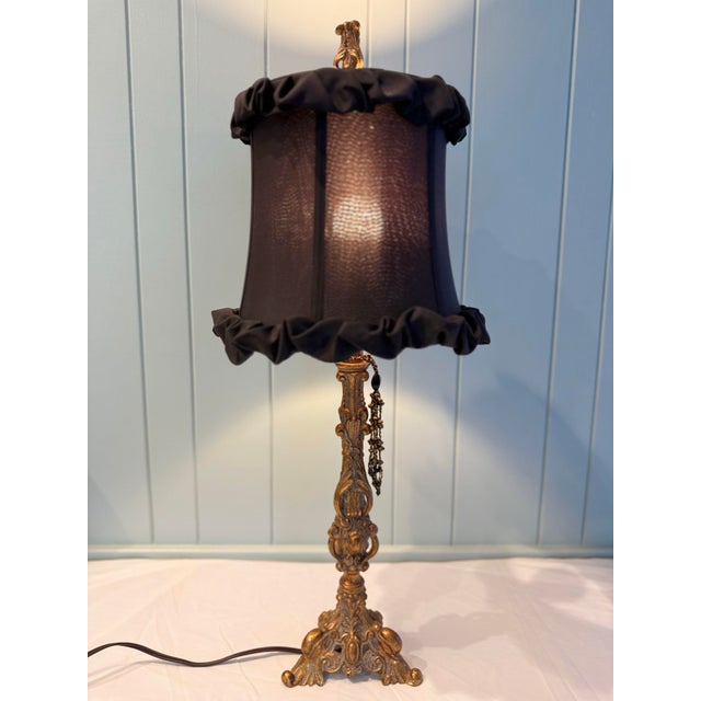 Victorian Vintage Carved Table Lamp With Decorative Beaded Detail & Shade For Sale - Image 3 of 12