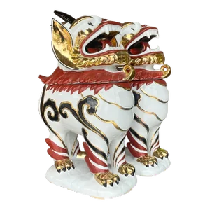 Vintage Italian Gilt Tipped Lidded Porcelain Foo Dogs - a Pair