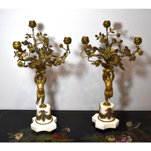 French 19Th Century Louis XVI Style Gilt and Bronze Mounted Cherub Candelabras on White Marble Stands For Sale - Image 14 of 17
