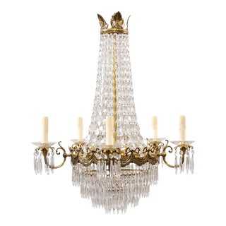 French Belle Époque 1890s Five-Light Crystal and Bronze Basket Chandelier, Wired For Sale