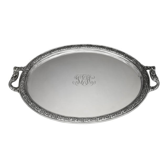 Tiffany & Co. Sterling Silver Oval Serving Tray With Floral Border & Handles, c.1902–1907 For Sale