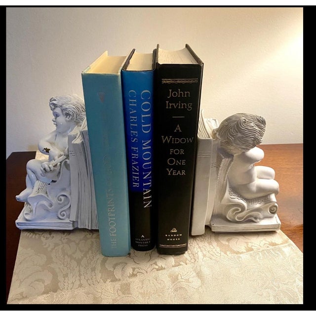 Shabby Chic Vintage American Neoclassical Putti Lyre and Flute Bookends, Set of 2 For Sale - Image 3 of 11