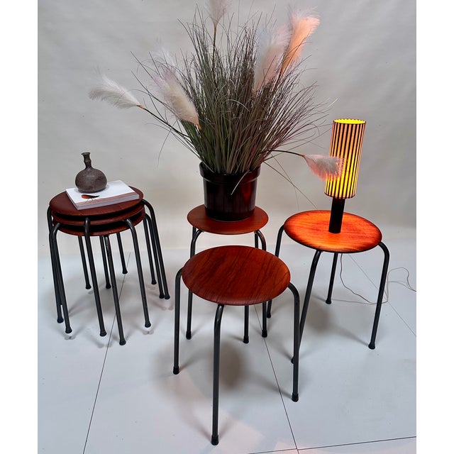 Wood Teak Plywood and Tubular Steel Atelier Stacking Stools, Denmark, 1960s, Set of 6 For Sale - Image 7 of 18