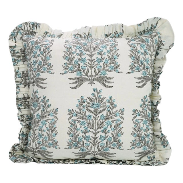 Fabdivine Cotton Frill Cushion Cover With Block Print Blue 20x20 Inch Vrindavan For Sale