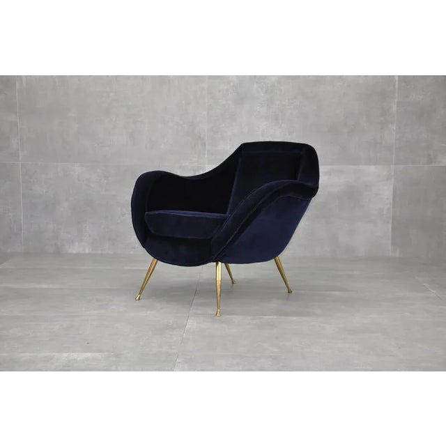 Velvet & Brass Armchair, 1950s, in Restored conditions. Designed 1950 to 1959