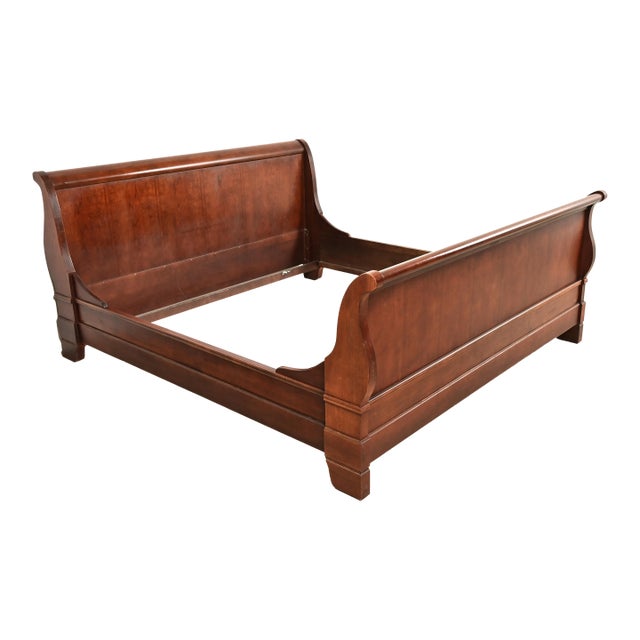 Grange Style French Louis Philippe Carved Cherry Wood King Size Sleigh Bed For Sale