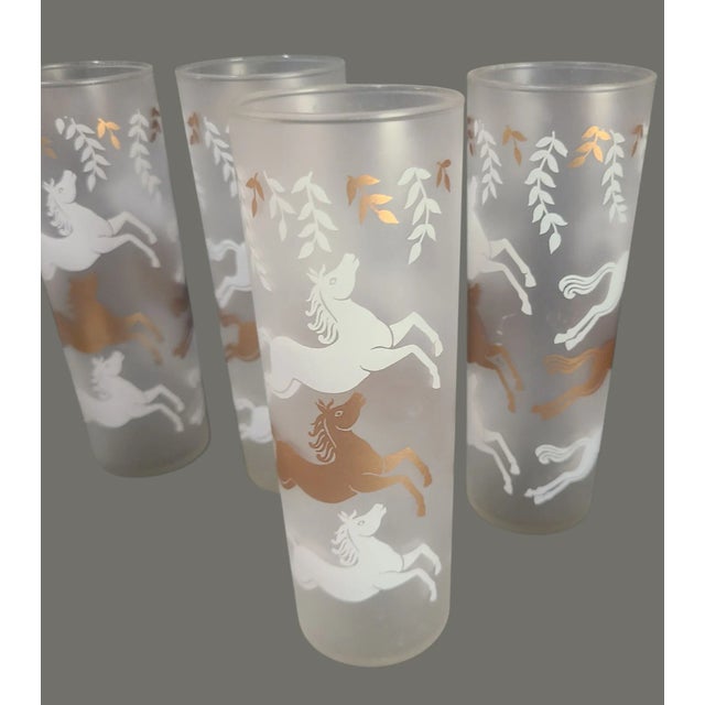 Mid-Century Modern Vintage Equestrian Retro Set of 6 Frosted Glass Horses Cavalcade Motif Tom Collins Libbey Glasses For Sale - Image 3 of 7