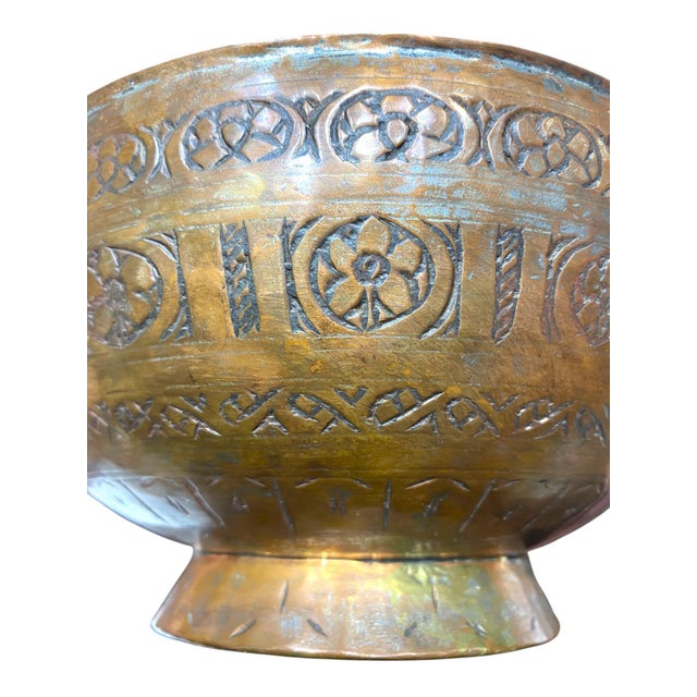 Persian Antique Persian Copper Bowl With Incised Decoration, 19th Century For Sale - Image 3 of 11