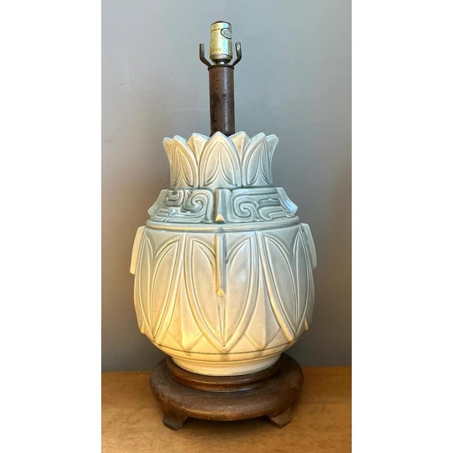 Mid-Century Modern Vintage Glazed Ceramic Table Lamp With Wood Base For Sale - Image 3 of 12
