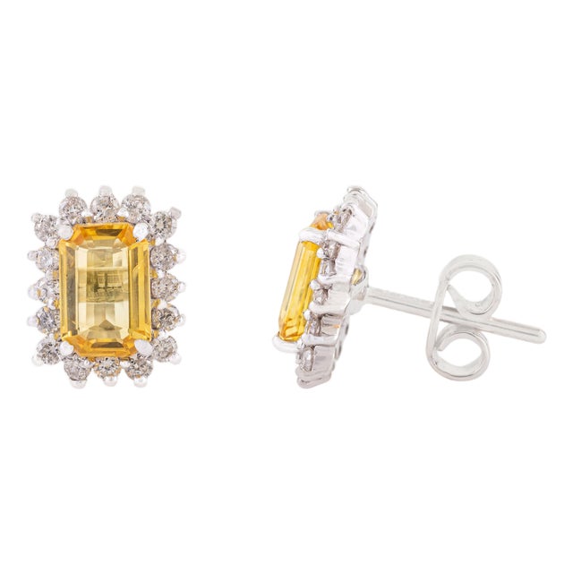 1.86ct Yellow Sapphire Diamond Halo Stud Earrings in 14k White Gold Gift for Mom- A Pair For Sale