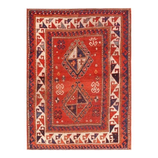 1880s Red Diamond Antique Caucasian Kazak Rug 3' 9'' X 5' 2'' Handknotted Wool Carpet For Sale