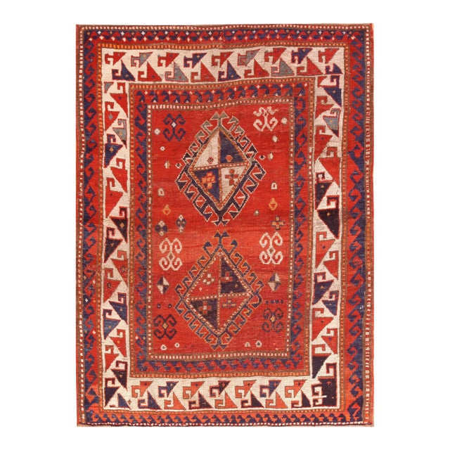 1880s Red Diamond Antique Caucasian Kazak Rug 3' 9'' X 5' 2'' Handknotted Wool Carpet For Sale