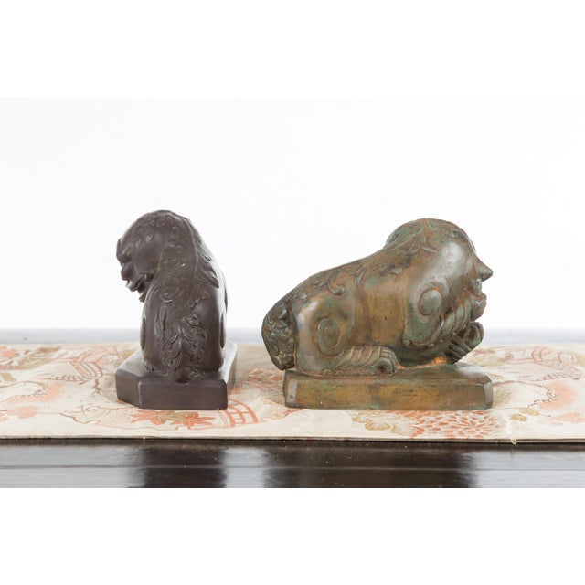Vintage Lost Wax Cast Bronze Foo Dog Sculptures with Bronze or Verde Patina For Sale - Image 4 of 12