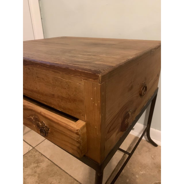 Vintage Mexican Rustic Pine Side Table Nightstand Wrought Iron Base Brutalist For Sale - Image 9 of 11