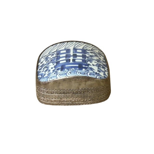 Chinese Old White Base Blue Scroll Happiness Porcelain Art Pewter Box For Sale - Image 4 of 7