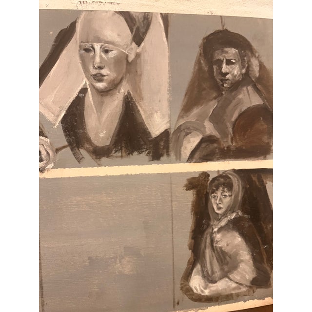 Offered is an intriguing original figurative portrait painting featuring five female figures, arranged in a unique multi-...