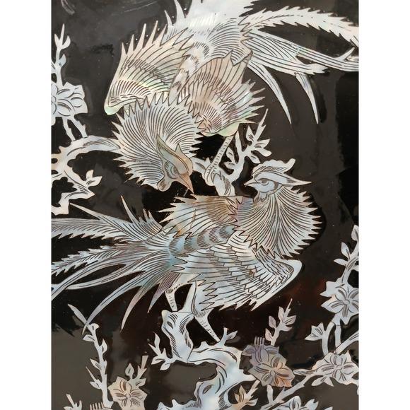 Asian Exotic Asian Mother of Pearl Inlay Lacquer Art Panel Peacock Phoenix Birds Black Silver For Sale - Image 3 of 14