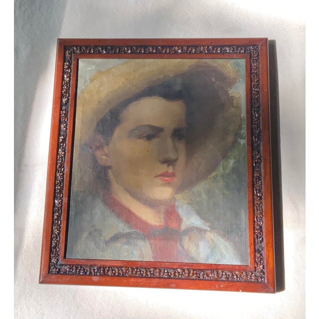 Antique Attributed to Edgar Cowan American Oil Portrait of a Young Boy in a Straw Hat For Sale - Image 11 of 18