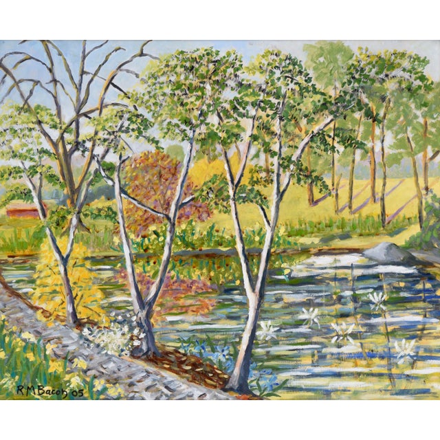 American "Wally's Pond" Rural Landscape in Oil on Masonite by Richard M. Bacon For Sale - Image 3 of 9
