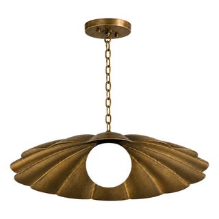 Scalloped Brass Semi Flush Ceiling Light, Vintage Flower Pendant Fixture With Milk Glass Globe For Sale