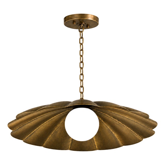 Scalloped Brass Semi Flush Ceiling Light, Vintage Flower Pendant Fixture With Milk Glass Globe For Sale